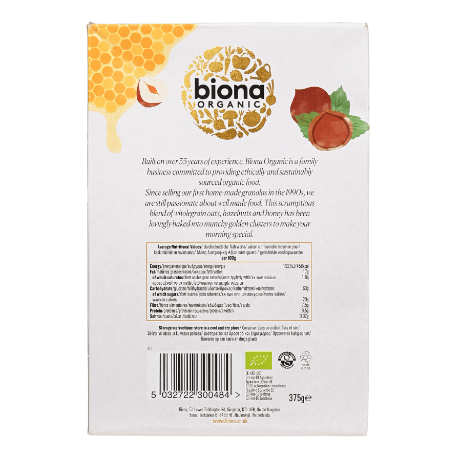 Granola hữu cơ – Hạt phỉ và mật ong – Biona Organic (375g)