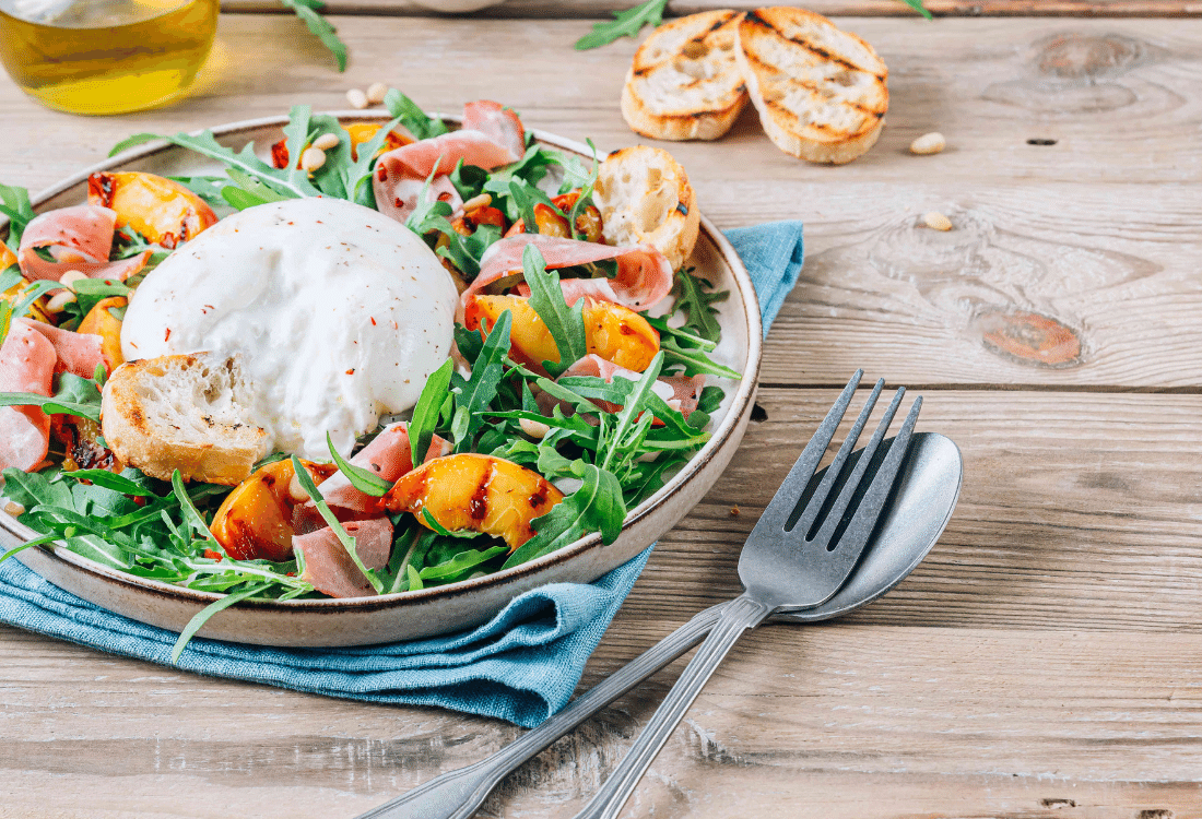 Grilled Peach Salad with Ham and Burrata Cheese