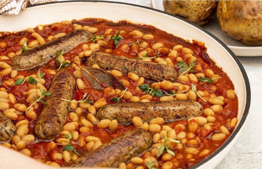 Vegan Sausage and Bean Cassoulet with Vegetable Stock