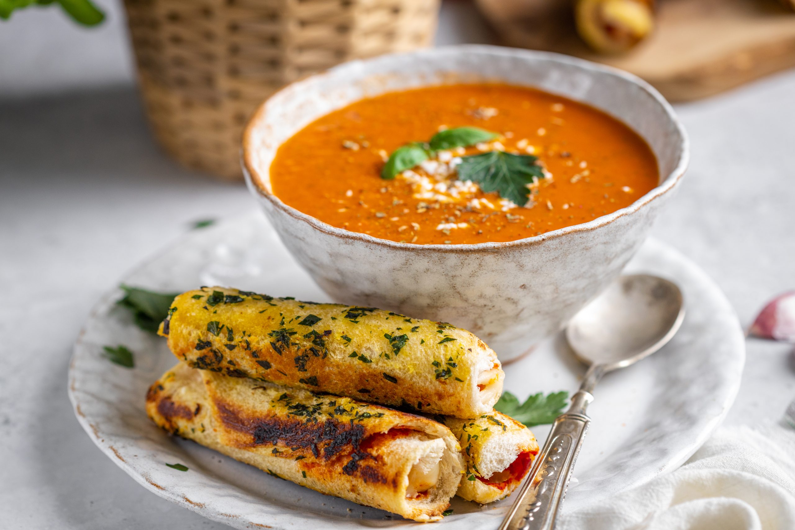 Garlic Bread Roll Ups with Tomato Soup