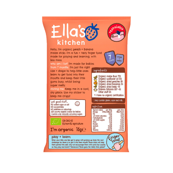 Bánh ăn dặm Ella’s Kitchen dạng que – Đào, Chuối – 7 month+ (16g)